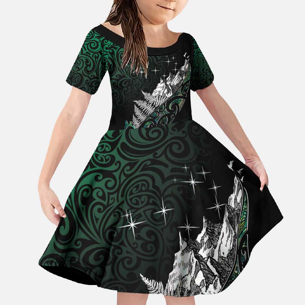 Maori Matariki Family Matching Long Sleeve Bodycon Dress and Hawaiian Shirt Landscape Styled Fern - Paua Shell LT7 Daughter's Dress Green - Polynesian Pride