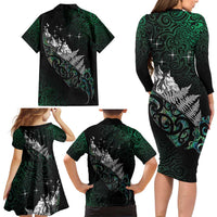 Maori Matariki Family Matching Long Sleeve Bodycon Dress and Hawaiian Shirt Landscape Styled Fern - Paua Shell LT7 - Polynesian Pride