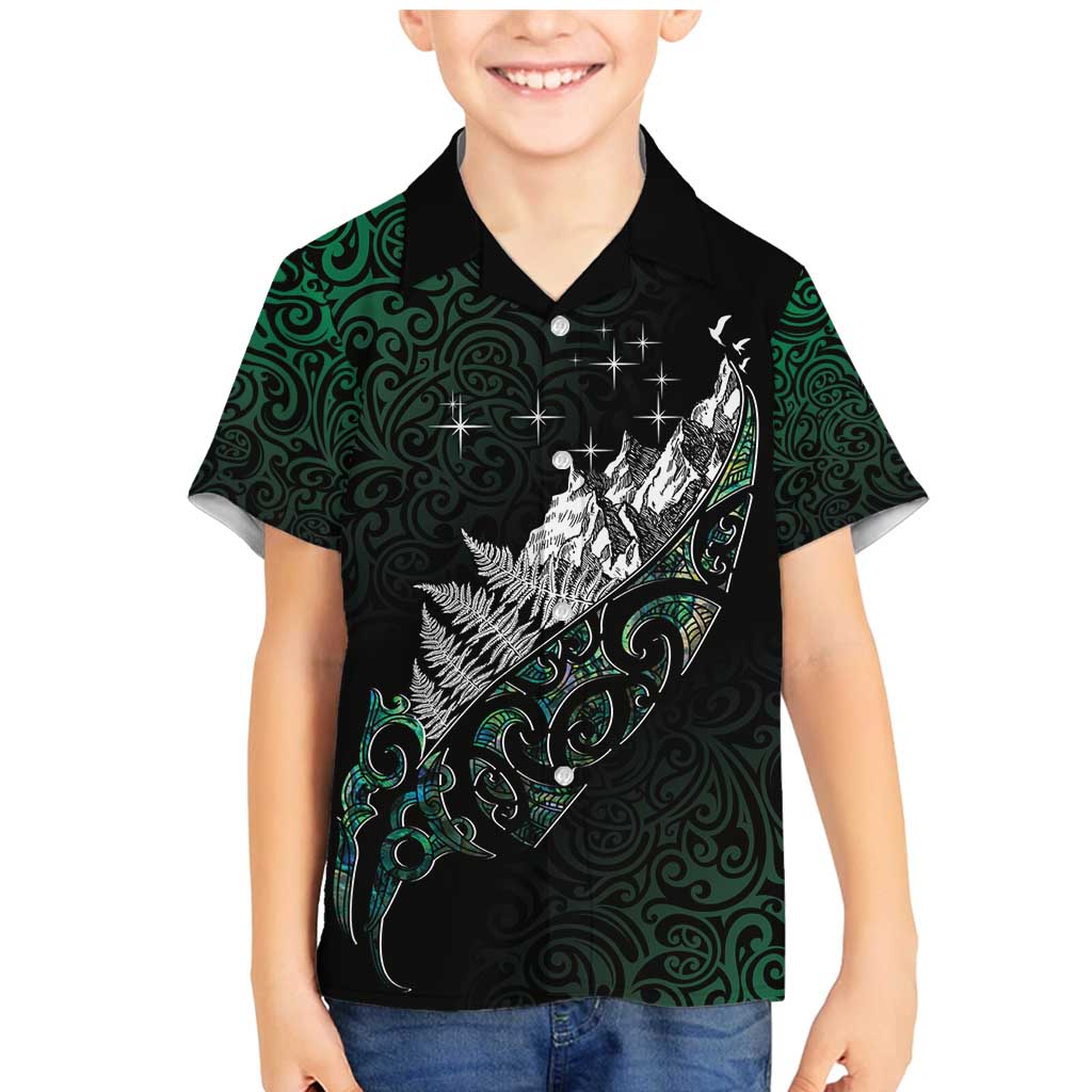 Maori Matariki Family Matching Mermaid Dress and Hawaiian Shirt Landscape Styled Fern - Paua Shell LT7 Son's Shirt Green - Polynesian Pride