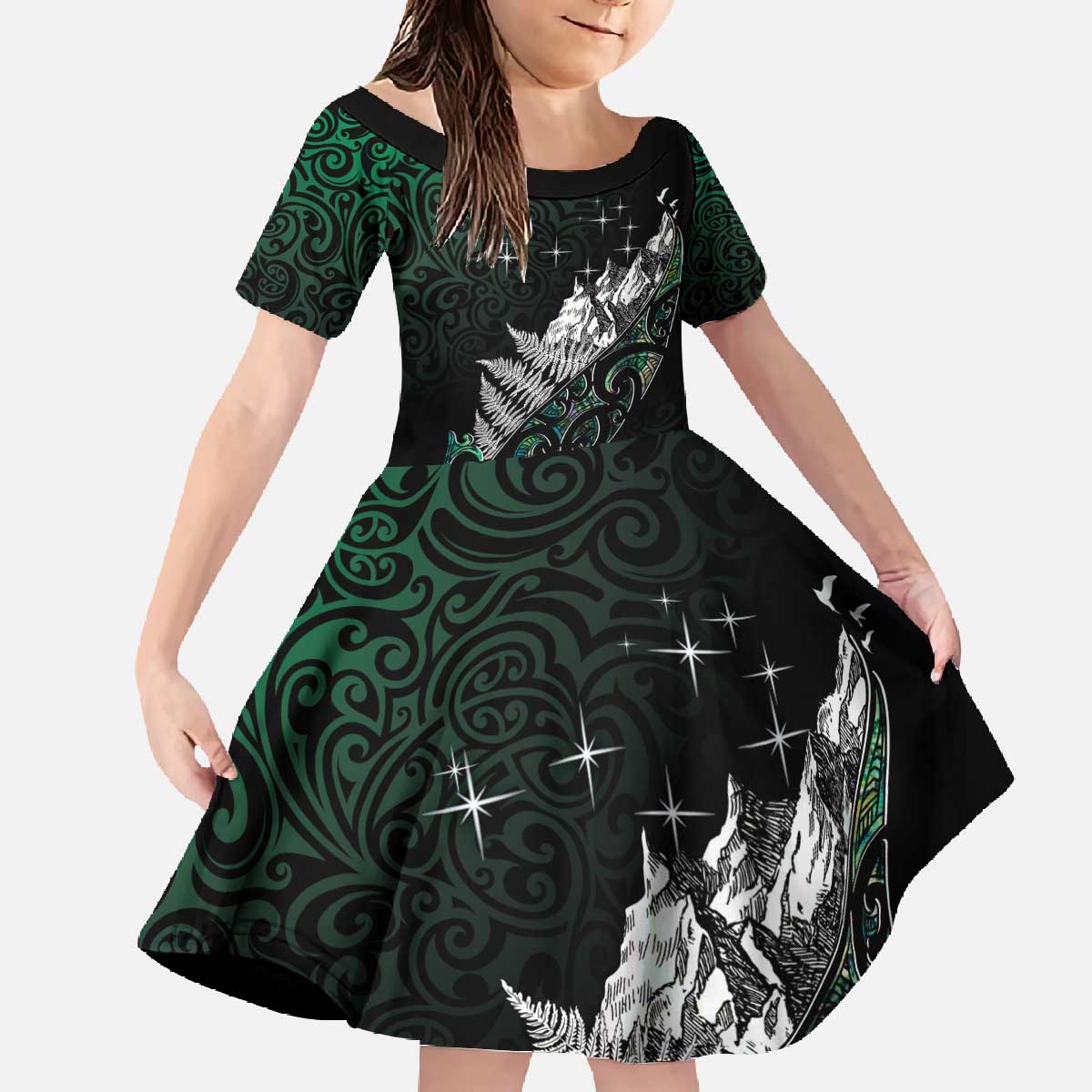 Maori Matariki Family Matching Off The Shoulder Long Sleeve Dress and Hawaiian Shirt Landscape Styled Fern - Paua Shell LT7 Daughter's Dress Green - Polynesian Pride