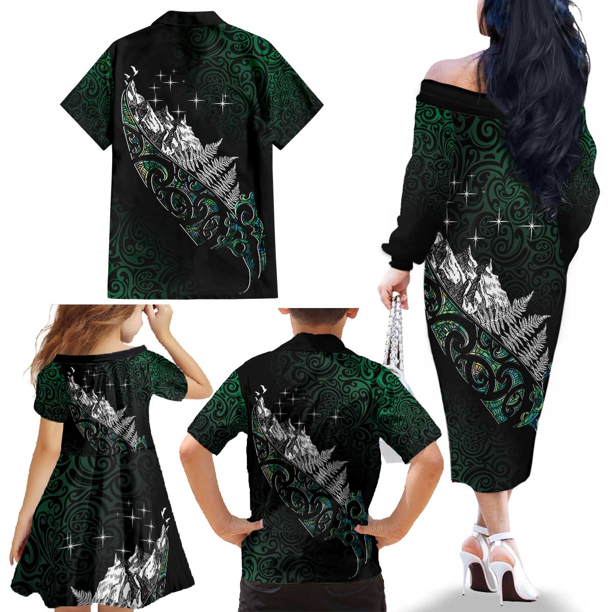 Maori Matariki Family Matching Off The Shoulder Long Sleeve Dress and Hawaiian Shirt Landscape Styled Fern - Paua Shell LT7 - Polynesian Pride