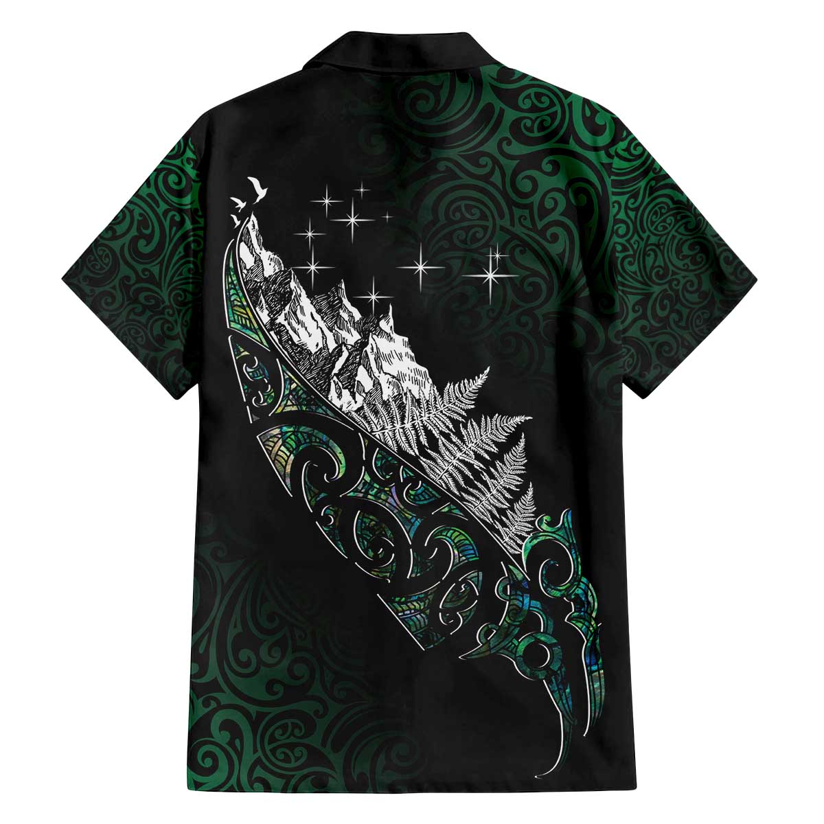 Maori Matariki Family Matching Off The Shoulder Long Sleeve Dress and Hawaiian Shirt Landscape Styled Fern - Paua Shell LT7 - Polynesian Pride
