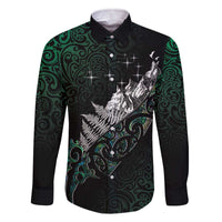 Maori Matariki Family Matching Off The Shoulder Long Sleeve Dress and Hawaiian Shirt Landscape Styled Fern - Paua Shell LT7 Dad's Shirt - Long Sleeve Green - Polynesian Pride