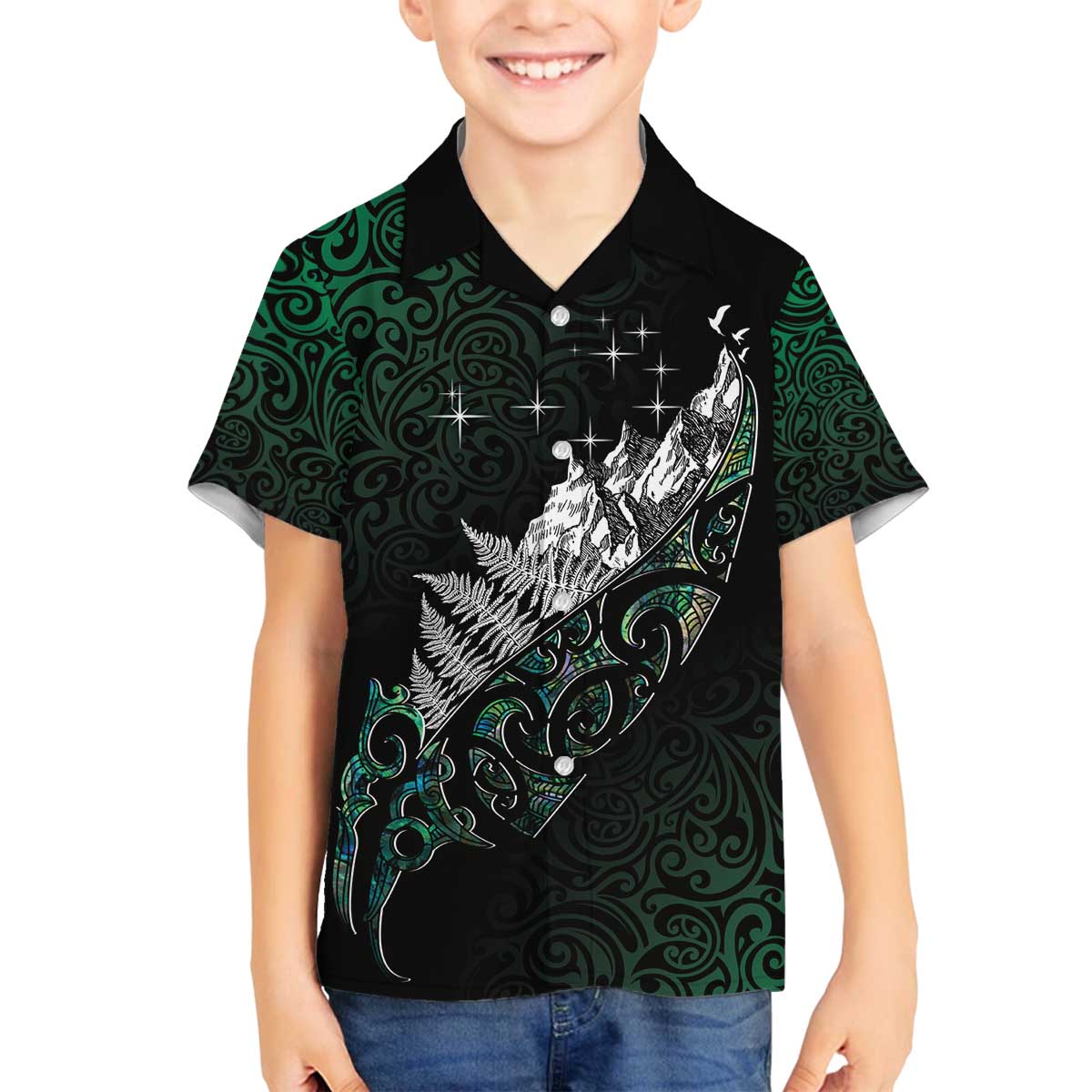 Maori Matariki Family Matching Off The Shoulder Long Sleeve Dress and Hawaiian Shirt Landscape Styled Fern - Paua Shell LT7 Son's Shirt Green - Polynesian Pride