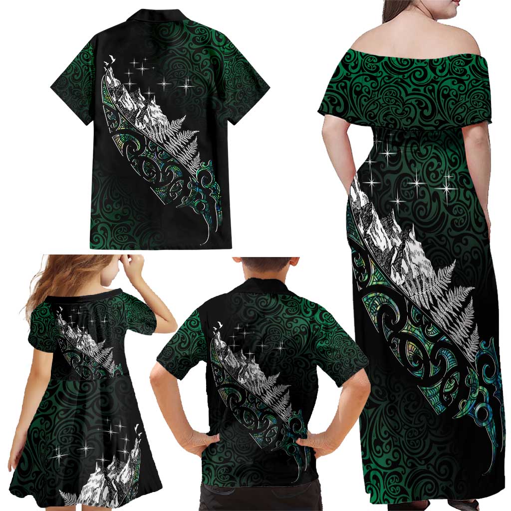 Maori Matariki Family Matching Off Shoulder Maxi Dress and Hawaiian Shirt Landscape Styled Fern - Paua Shell LT7 - Polynesian Pride