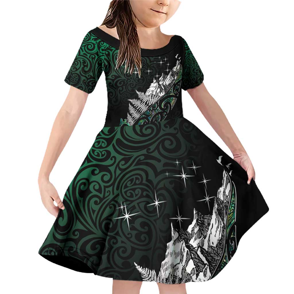 Maori Matariki Family Matching Off Shoulder Short Dress and Hawaiian Shirt Landscape Styled Fern - Paua Shell LT7 Daughter's Dress Green - Polynesian Pride
