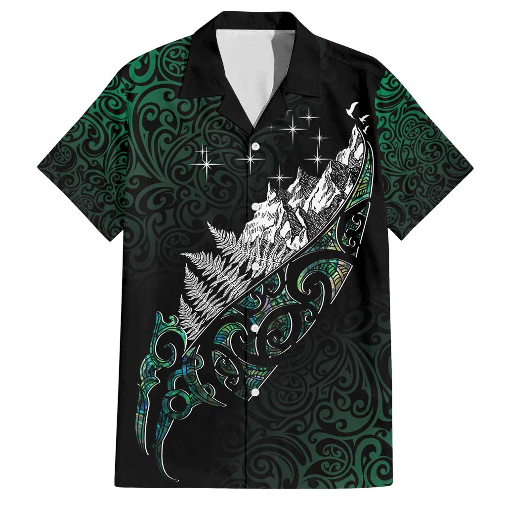 Maori Matariki Family Matching Off Shoulder Short Dress and Hawaiian Shirt Landscape Styled Fern - Paua Shell LT7 Dad's Shirt - Short Sleeve Green - Polynesian Pride