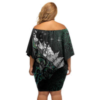 Maori Matariki Family Matching Off Shoulder Short Dress and Hawaiian Shirt Landscape Styled Fern - Paua Shell LT7 - Polynesian Pride