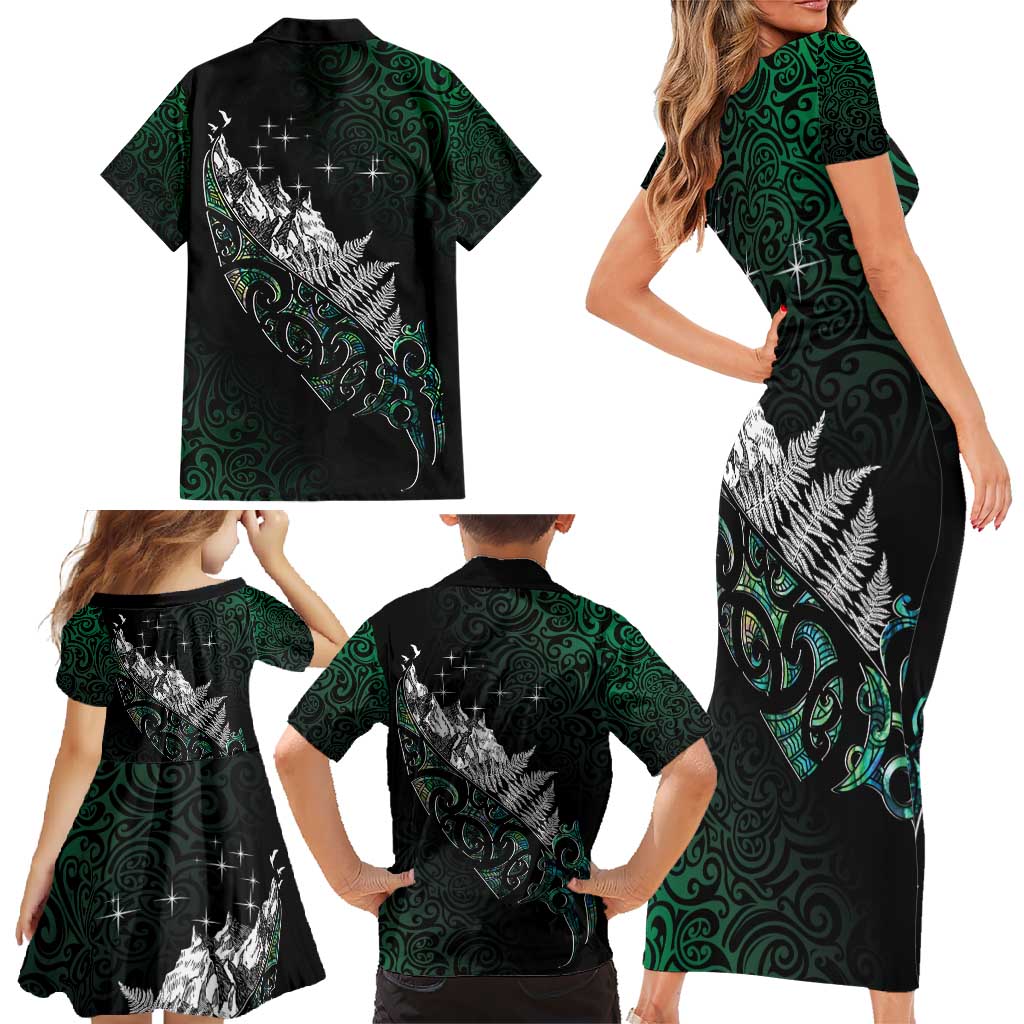 Maori Matariki Family Matching Short Sleeve Bodycon Dress and Hawaiian Shirt Landscape Styled Fern - Paua Shell LT7 - Polynesian Pride