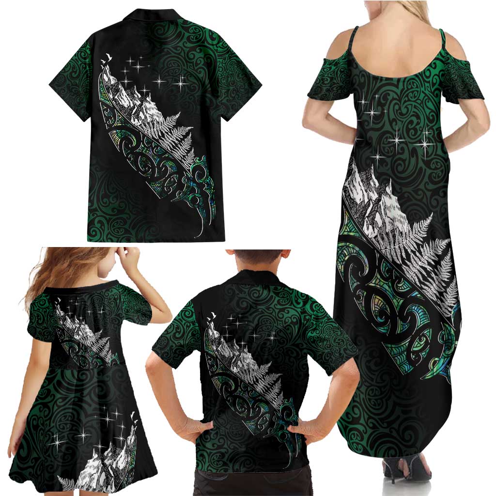 Maori Matariki Family Matching Summer Maxi Dress and Hawaiian Shirt Landscape Styled Fern - Paua Shell LT7 - Polynesian Pride