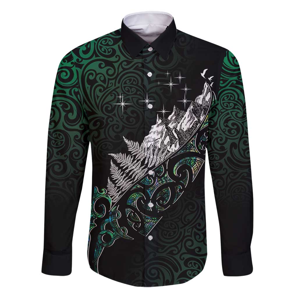 Maori Matariki Family Matching Summer Maxi Dress and Hawaiian Shirt Landscape Styled Fern - Paua Shell LT7 Dad's Shirt - Long Sleeve Green - Polynesian Pride