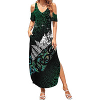 Maori Matariki Family Matching Summer Maxi Dress and Hawaiian Shirt Landscape Styled Fern - Paua Shell LT7 Mom's Dress Green - Polynesian Pride