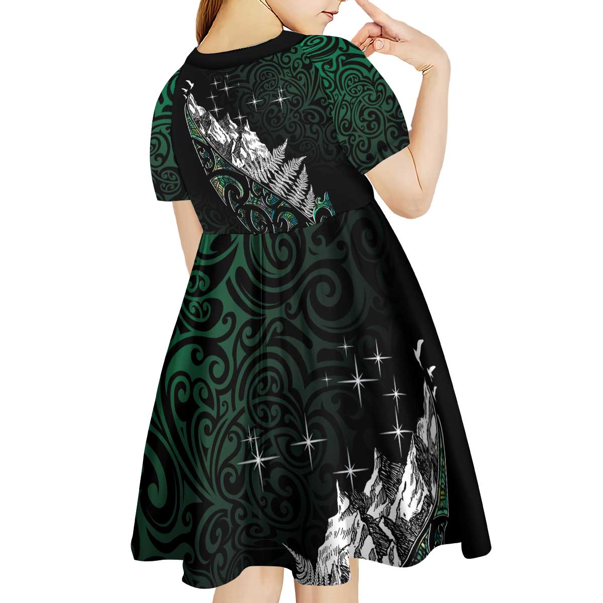 Maori Matariki Kid Short Sleeve Dress Landscape Styled Fern - Paua Shell