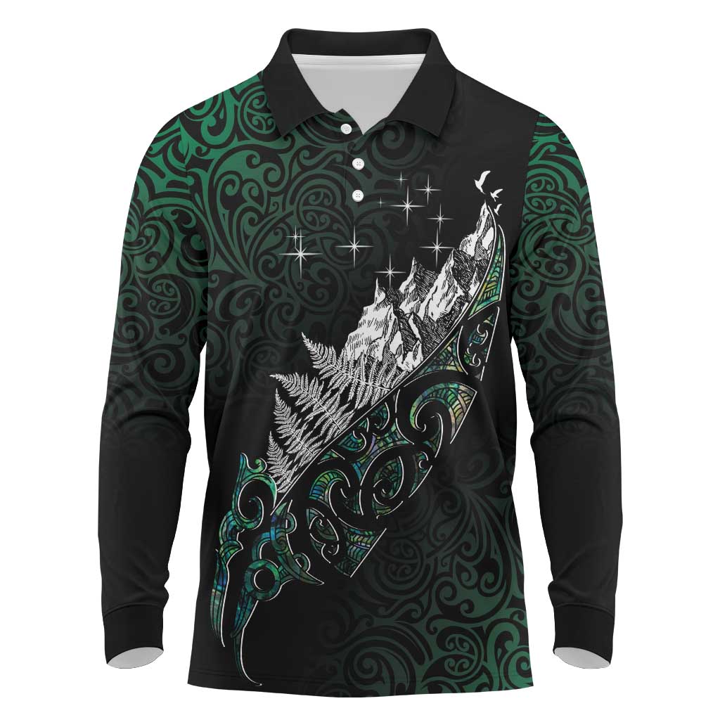 Maori Matariki Long Sleeve Polo Shirt Landscape Styled Fern - Paua Shell