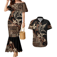Samoa Manuia le Aso Tuto'atasi Couples Matching Mermaid Dress and Hawaiian Shirt Siapo Mamanu Mix Tatau Marlin LT7 Black - Polynesian Pride