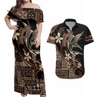 Samoa Manuia le Aso Tuto'atasi Couples Matching Off Shoulder Maxi Dress and Hawaiian Shirt Siapo Mamanu Mix Tatau Marlin LT7 Black - Polynesian Pride