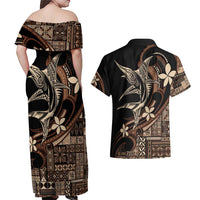 Samoa Manuia le Aso Tuto'atasi Couples Matching Off Shoulder Maxi Dress and Hawaiian Shirt Siapo Mamanu Mix Tatau Marlin LT7 - Polynesian Pride