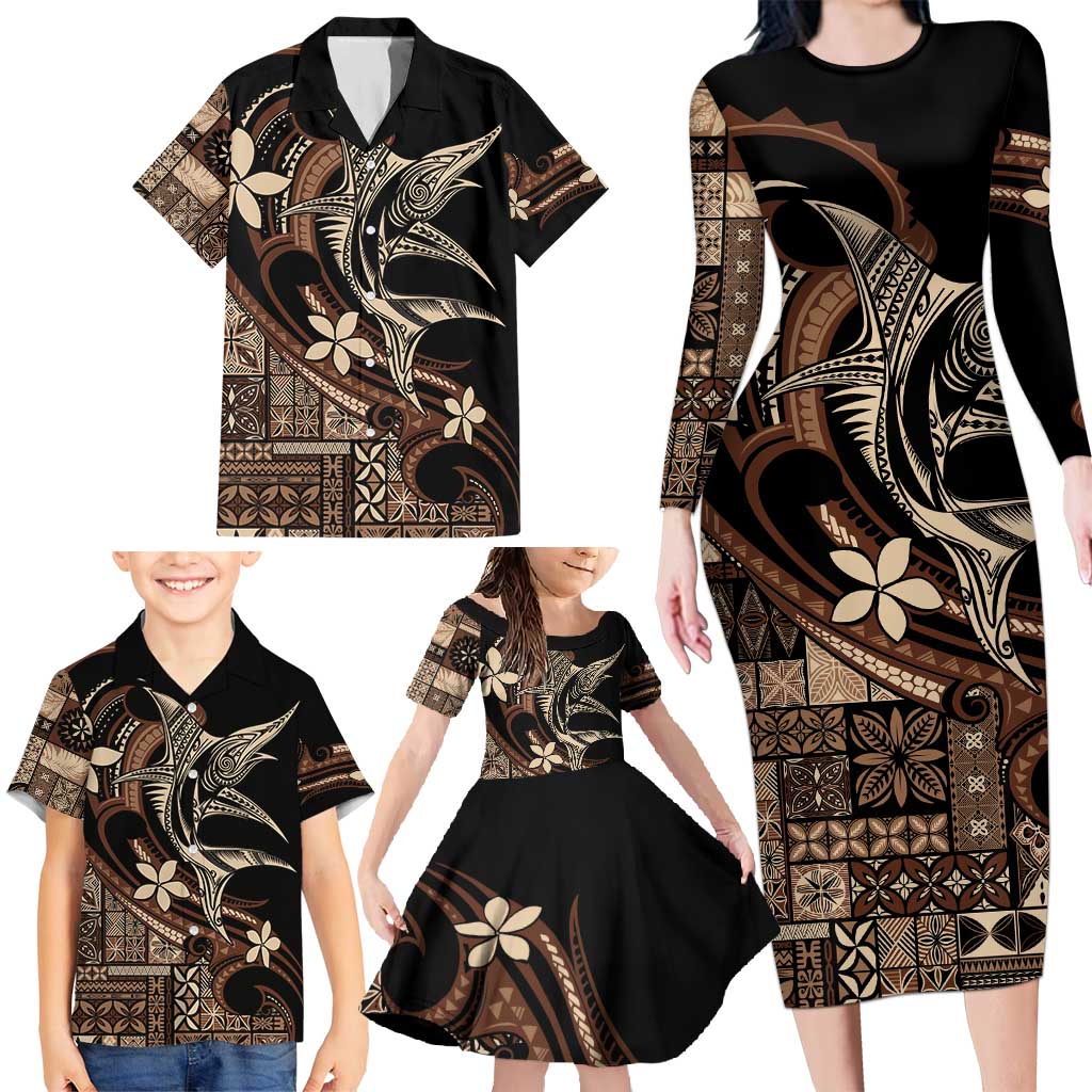 Samoa Manuia le Aso Tuto'atasi Family Matching Long Sleeve Bodycon Dress and Hawaiian Shirt Siapo Mamanu Mix Tatau Marlin LT7 - Polynesian Pride