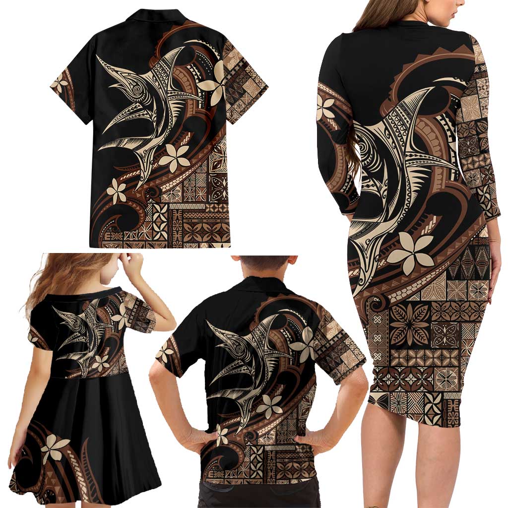 Samoa Manuia le Aso Tuto'atasi Family Matching Long Sleeve Bodycon Dress and Hawaiian Shirt Siapo Mamanu Mix Tatau Marlin LT7 - Polynesian Pride