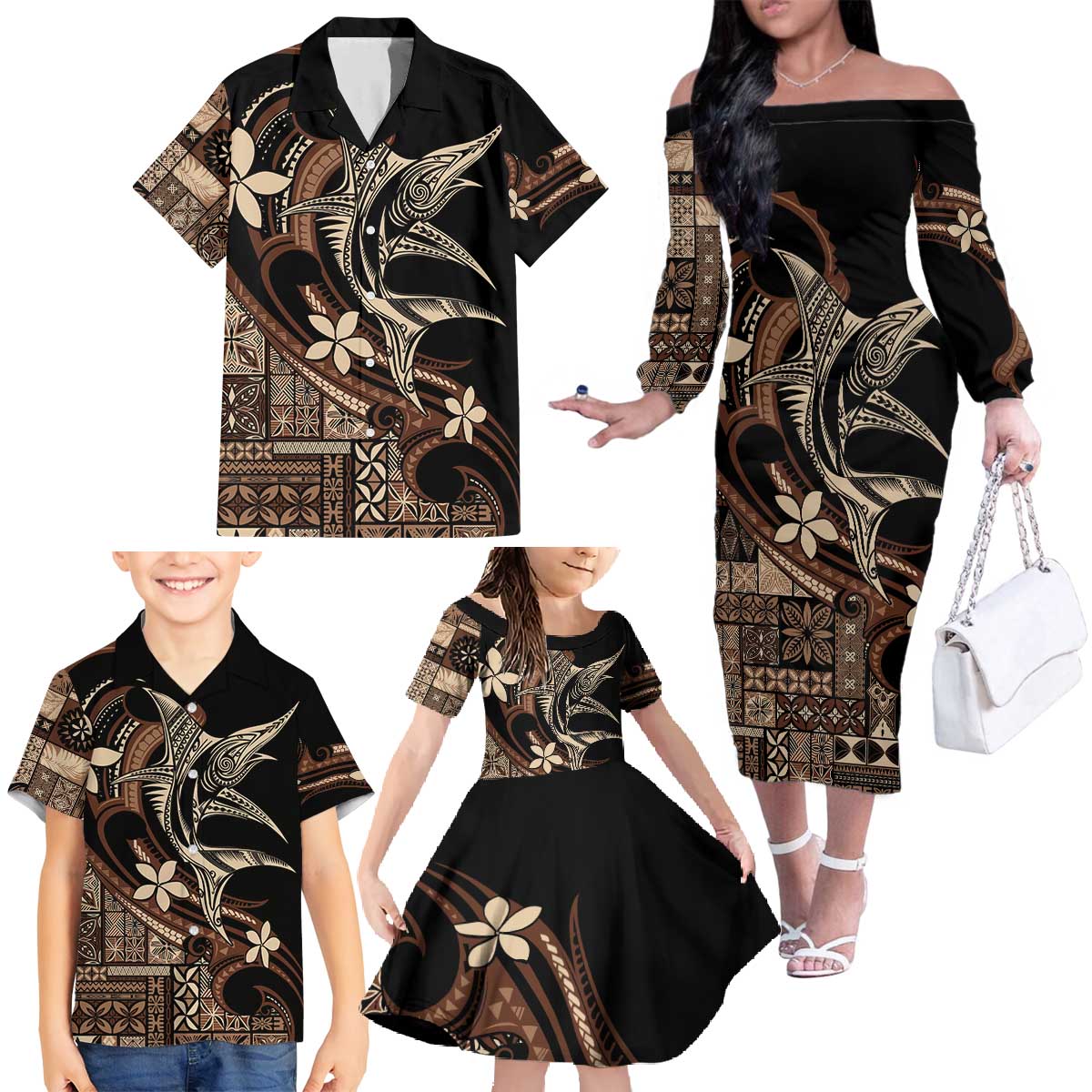 Samoa Manuia le Aso Tuto'atasi Family Matching Off The Shoulder Long Sleeve Dress and Hawaiian Shirt Siapo Mamanu Mix Tatau Marlin LT7 - Polynesian Pride