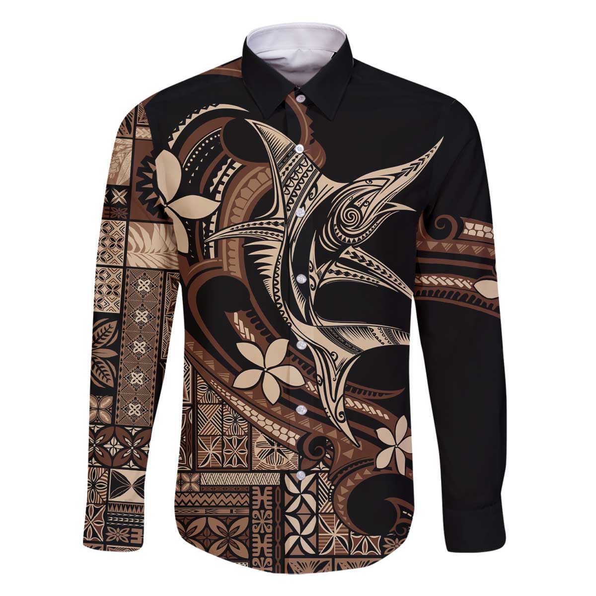 Samoa Manuia le Aso Tuto'atasi Family Matching Off The Shoulder Long Sleeve Dress and Hawaiian Shirt Siapo Mamanu Mix Tatau Marlin LT7 Dad's Shirt - Long Sleeve Black - Polynesian Pride