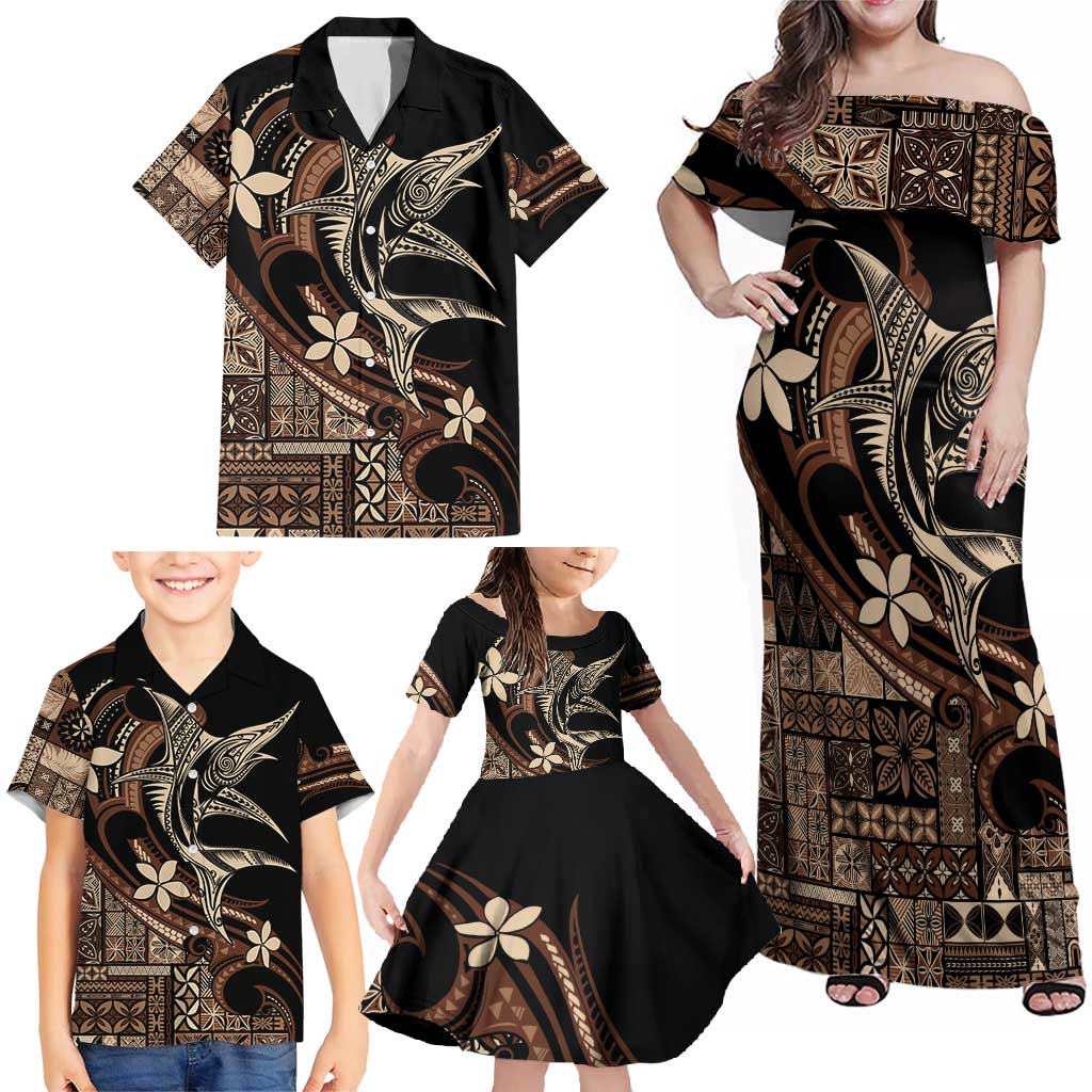 Samoa Manuia le Aso Tuto'atasi Family Matching Off Shoulder Maxi Dress and Hawaiian Shirt Siapo Mamanu Mix Tatau Marlin LT7 - Polynesian Pride