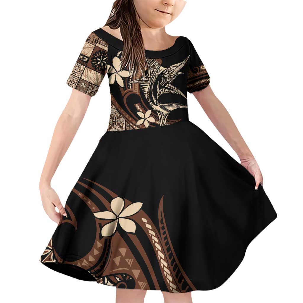 Samoa Manuia le Aso Tuto'atasi Family Matching Off Shoulder Short Dress and Hawaiian Shirt Siapo Mamanu Mix Tatau Marlin LT7 Daughter's Dress Black - Polynesian Pride