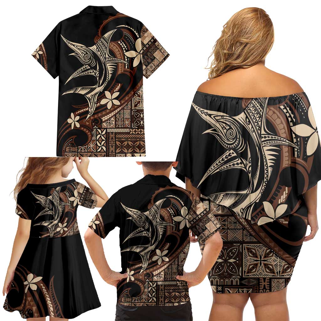 Samoa Manuia le Aso Tuto'atasi Family Matching Off Shoulder Short Dress and Hawaiian Shirt Siapo Mamanu Mix Tatau Marlin LT7 - Polynesian Pride