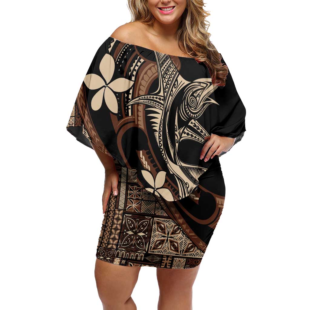 Samoa Manuia le Aso Tuto'atasi Family Matching Off Shoulder Short Dress and Hawaiian Shirt Siapo Mamanu Mix Tatau Marlin LT7 Mom's Dress Black - Polynesian Pride