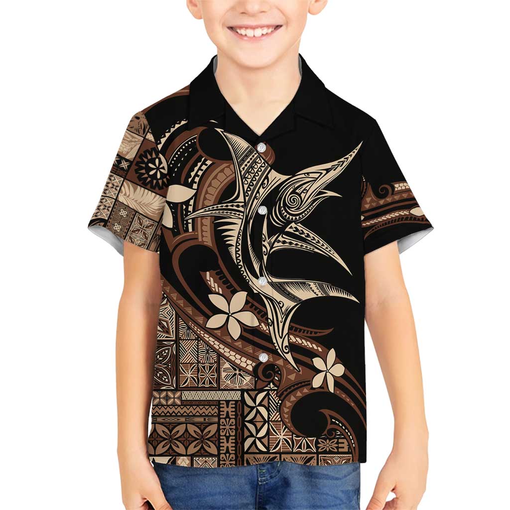 Samoa Manuia le Aso Tuto'atasi Family Matching Off Shoulder Short Dress and Hawaiian Shirt Siapo Mamanu Mix Tatau Marlin LT7 Son's Shirt Black - Polynesian Pride