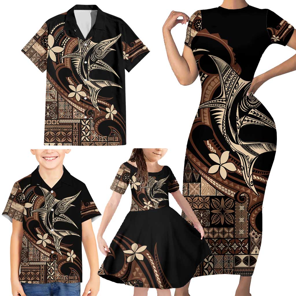Samoa Manuia le Aso Tuto'atasi Family Matching Short Sleeve Bodycon Dress and Hawaiian Shirt Siapo Mamanu Mix Tatau Marlin LT7 - Polynesian Pride