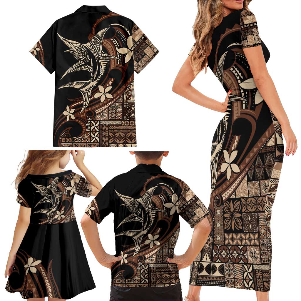 Samoa Manuia le Aso Tuto'atasi Family Matching Short Sleeve Bodycon Dress and Hawaiian Shirt Siapo Mamanu Mix Tatau Marlin LT7 - Polynesian Pride