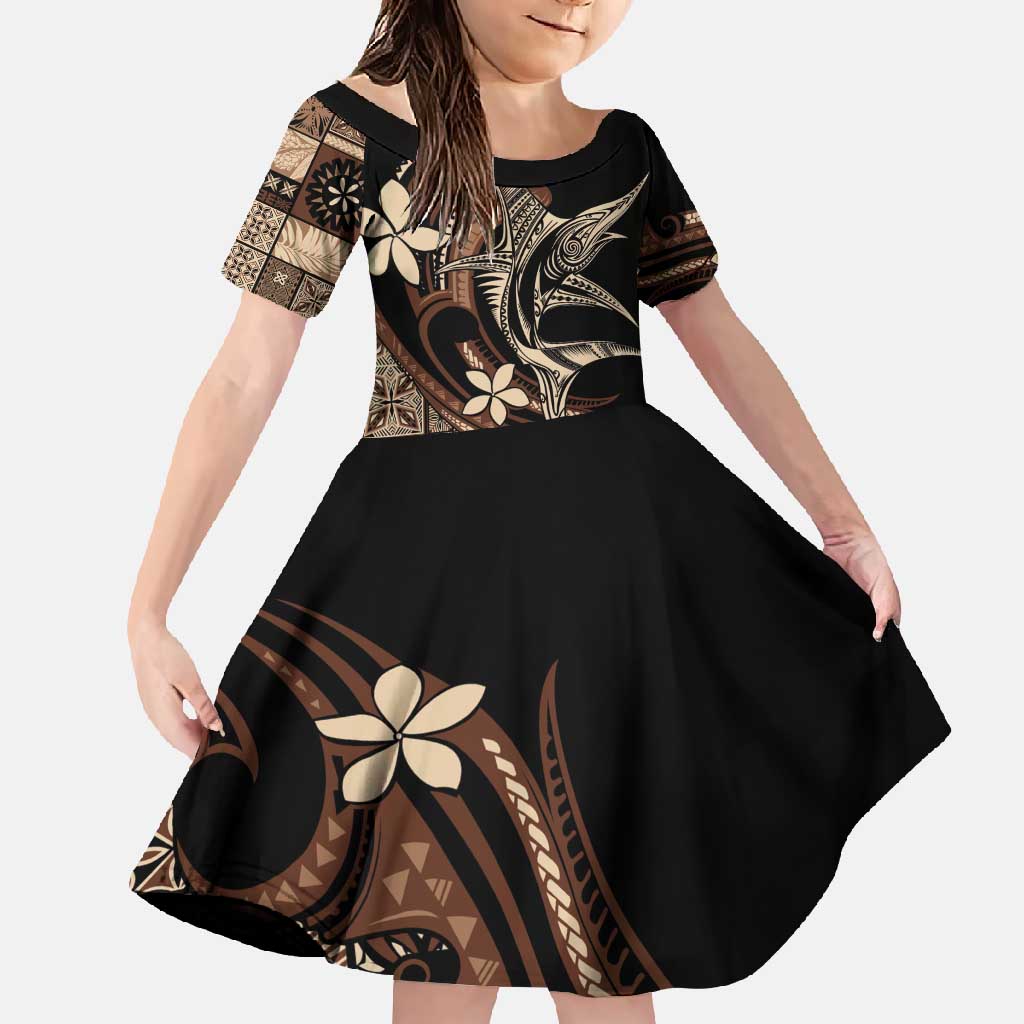 Samoa Manuia le Aso Tuto'atasi Family Matching Summer Maxi Dress and Hawaiian Shirt Siapo Mamanu Mix Tatau Marlin LT7 Daughter's Dress Black - Polynesian Pride
