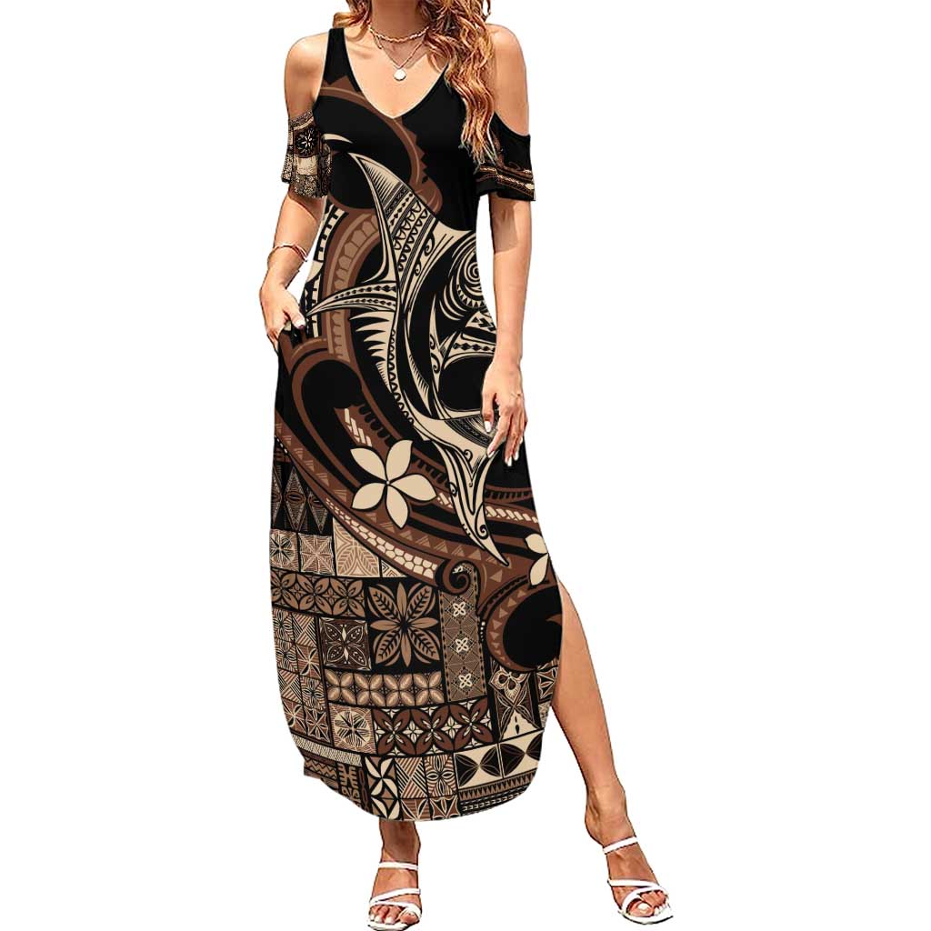 Samoa Manuia le Aso Tuto'atasi Family Matching Summer Maxi Dress and Hawaiian Shirt Siapo Mamanu Mix Tatau Marlin LT7 Mom's Dress Black - Polynesian Pride