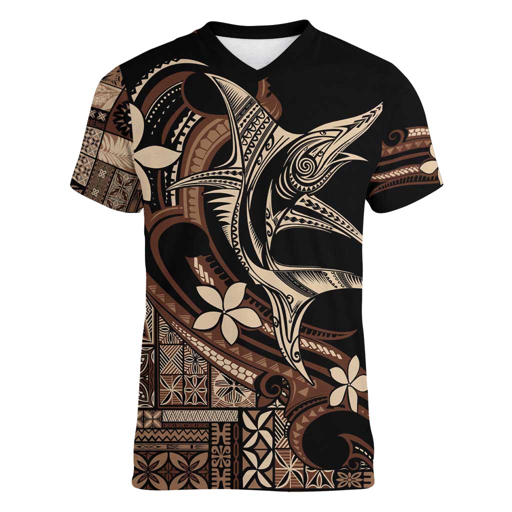 Samoa Manuia le Aso Tuto'atasi Women V-Neck T-Shirt Siapo Mamanu Mix Tatau Marlin