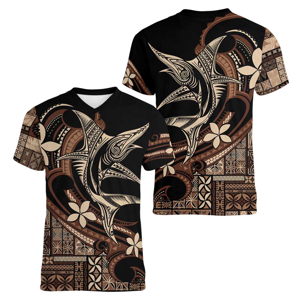 Samoa Manuia le Aso Tuto'atasi Women V-Neck T-Shirt Siapo Mamanu Mix Tatau Marlin