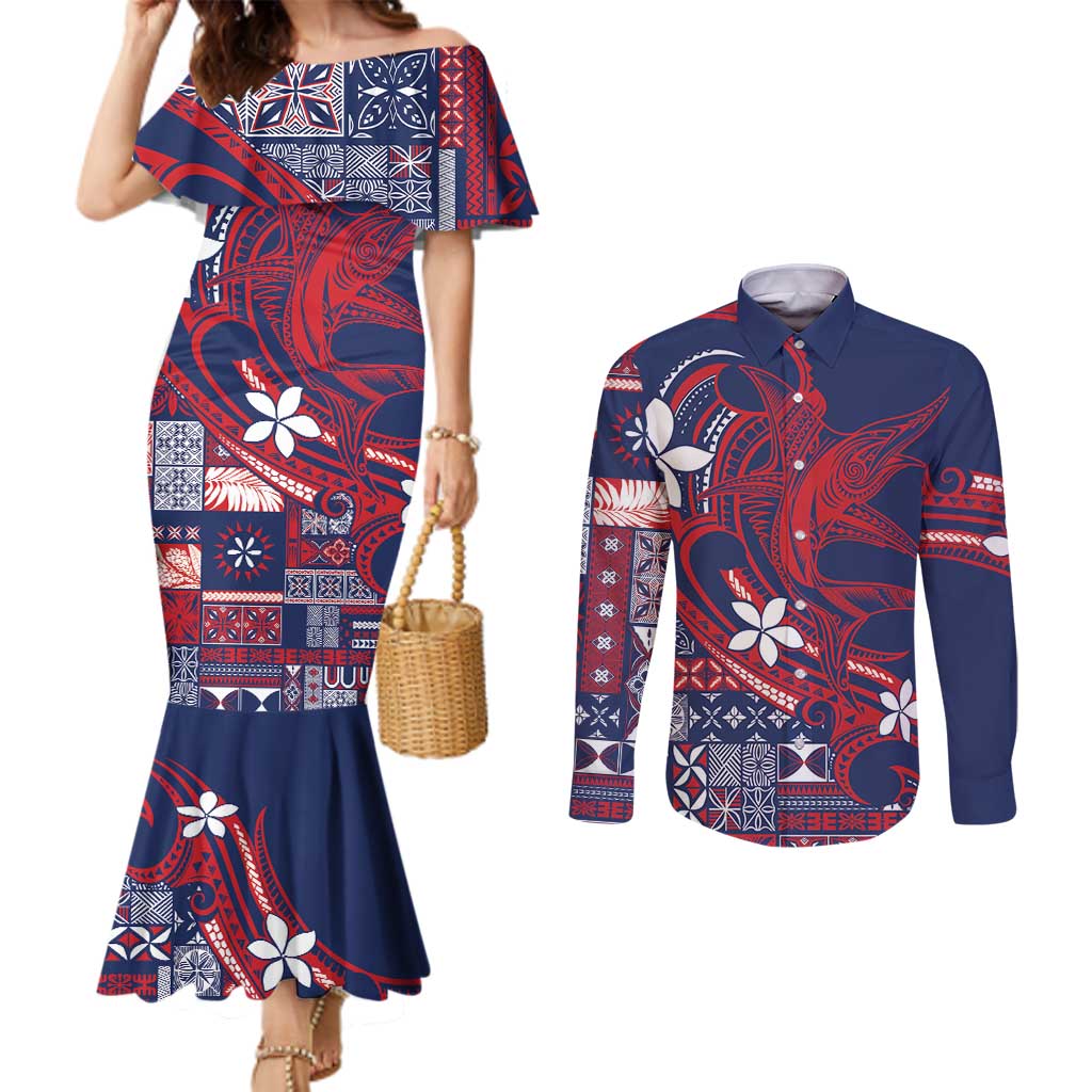 Samoa Manuia le Aso Tuto'atasi Couples Matching Mermaid Dress and Long Sleeve Button Shirt Siapo Mamanu Mix Tatau Marlin - Flag Color