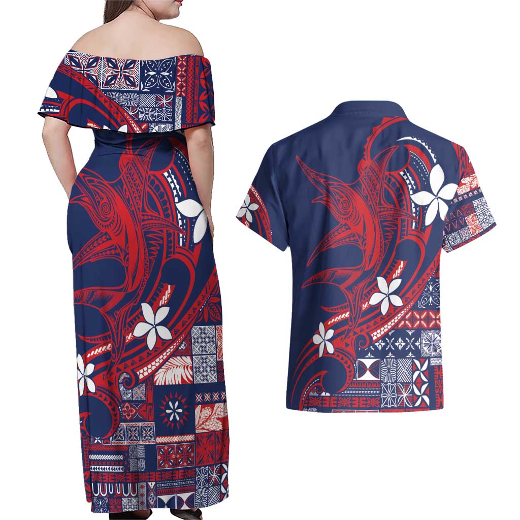 Samoa Manuia le Aso Tuto'atasi Couples Matching Off Shoulder Maxi Dress and Hawaiian Shirt Siapo Mamanu Mix Tatau Marlin - Flag Color LT7 - Polynesian Pride