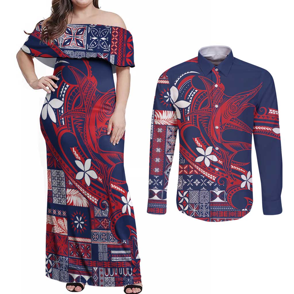 Samoa Manuia le Aso Tuto'atasi Couples Matching Off Shoulder Maxi Dress and Long Sleeve Button Shirt Siapo Mamanu Mix Tatau Marlin - Flag Color