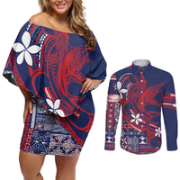 Samoa Manuia le Aso Tuto'atasi Couples Matching Off Shoulder Short Dress and Long Sleeve Button Shirt Siapo Mamanu Mix Tatau Marlin - Flag Color
