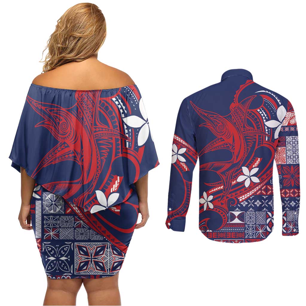 Samoa Manuia le Aso Tuto'atasi Couples Matching Off Shoulder Short Dress and Long Sleeve Button Shirt Siapo Mamanu Mix Tatau Marlin - Flag Color