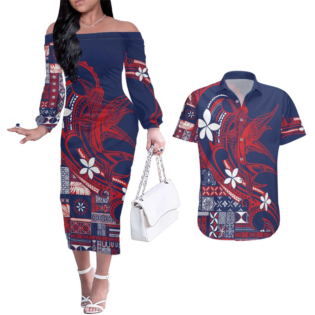 Samoa Manuia le Aso Tuto'atasi Couples Matching Off The Shoulder Long Sleeve Dress and Hawaiian Shirt Siapo Mamanu Mix Tatau Marlin - Flag Color LT7 Blue - Polynesian Pride
