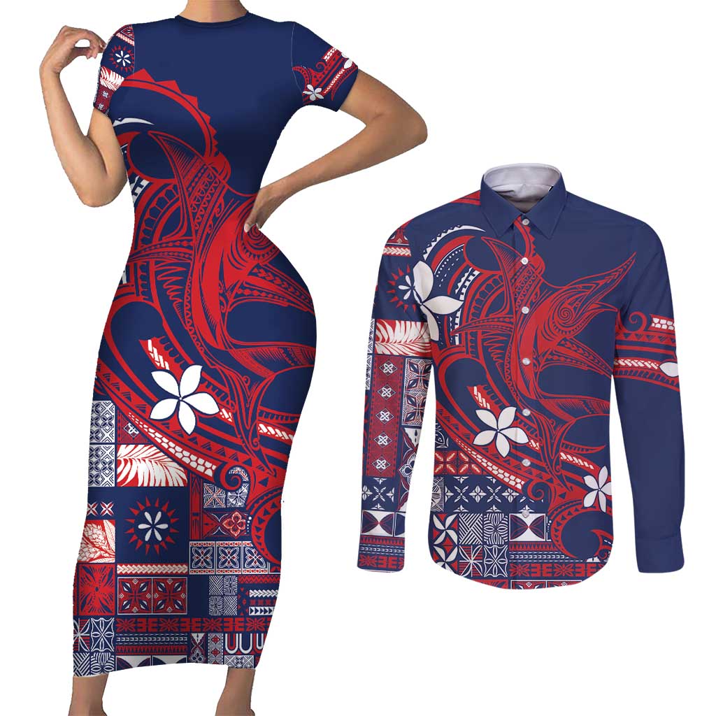 Samoa Manuia le Aso Tuto'atasi Couples Matching Short Sleeve Bodycon Dress and Long Sleeve Button Shirt Siapo Mamanu Mix Tatau Marlin - Flag Color