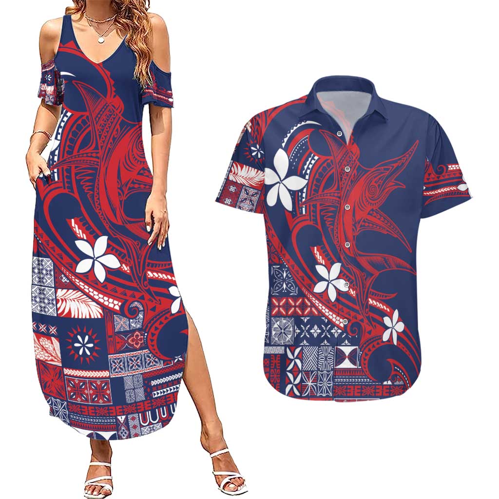 Samoa Manuia le Aso Tuto'atasi Couples Matching Summer Maxi Dress and Hawaiian Shirt Siapo Mamanu Mix Tatau Marlin - Flag Color