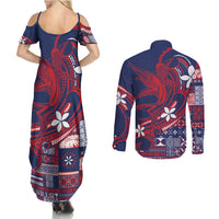 Samoa Manuia le Aso Tuto'atasi Couples Matching Summer Maxi Dress and Long Sleeve Button Shirt Siapo Mamanu Mix Tatau Marlin - Flag Color