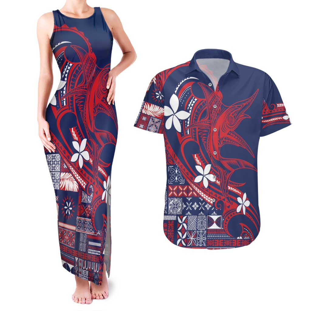 Samoa Manuia le Aso Tuto'atasi Couples Matching Tank Maxi Dress and Hawaiian Shirt Siapo Mamanu Mix Tatau Marlin - Flag Color LT7 Blue - Polynesian Pride