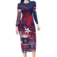 Samoa Manuia le Aso Tuto'atasi Family Matching Long Sleeve Bodycon Dress and Hawaiian Shirt Siapo Mamanu Mix Tatau Marlin - Flag Color LT7 Mom's Dress Blue - Polynesian Pride