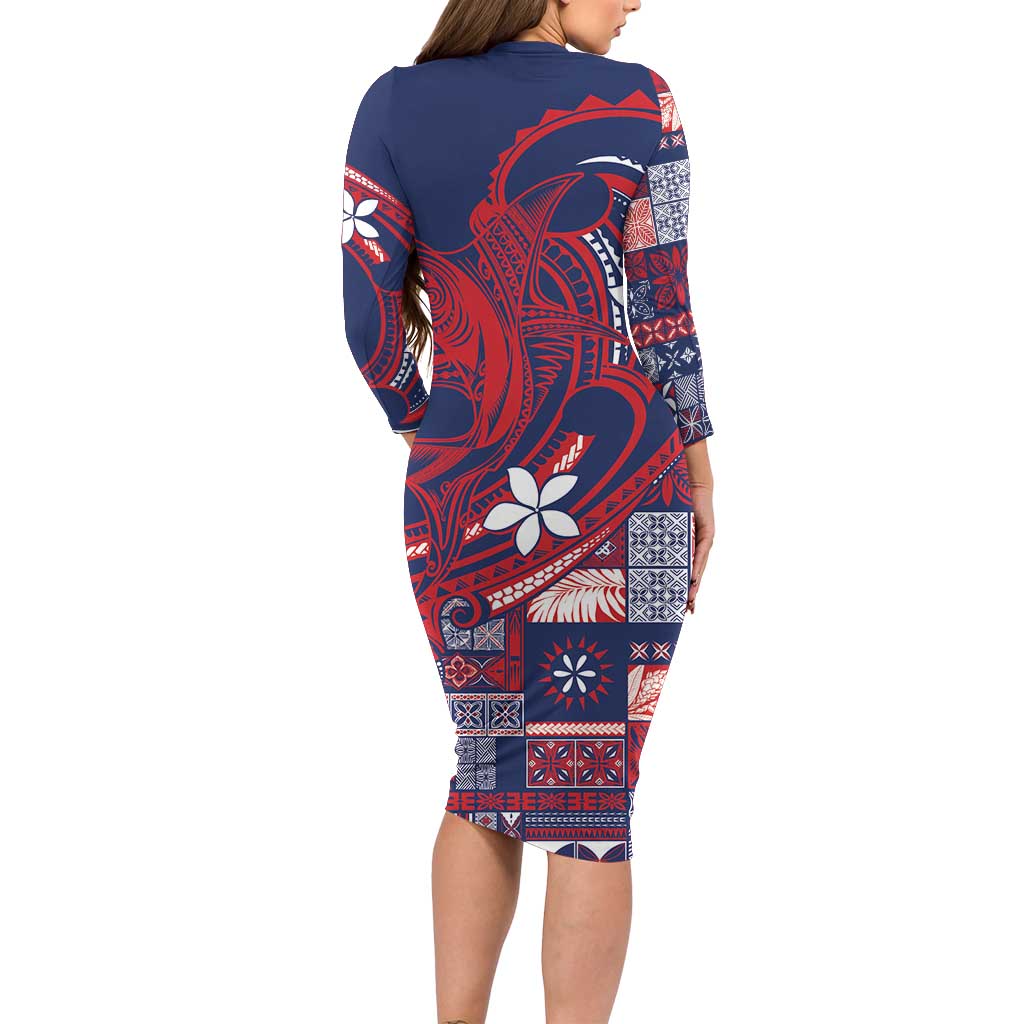 Samoa Manuia le Aso Tuto'atasi Family Matching Long Sleeve Bodycon Dress and Hawaiian Shirt Siapo Mamanu Mix Tatau Marlin - Flag Color LT7 - Polynesian Pride