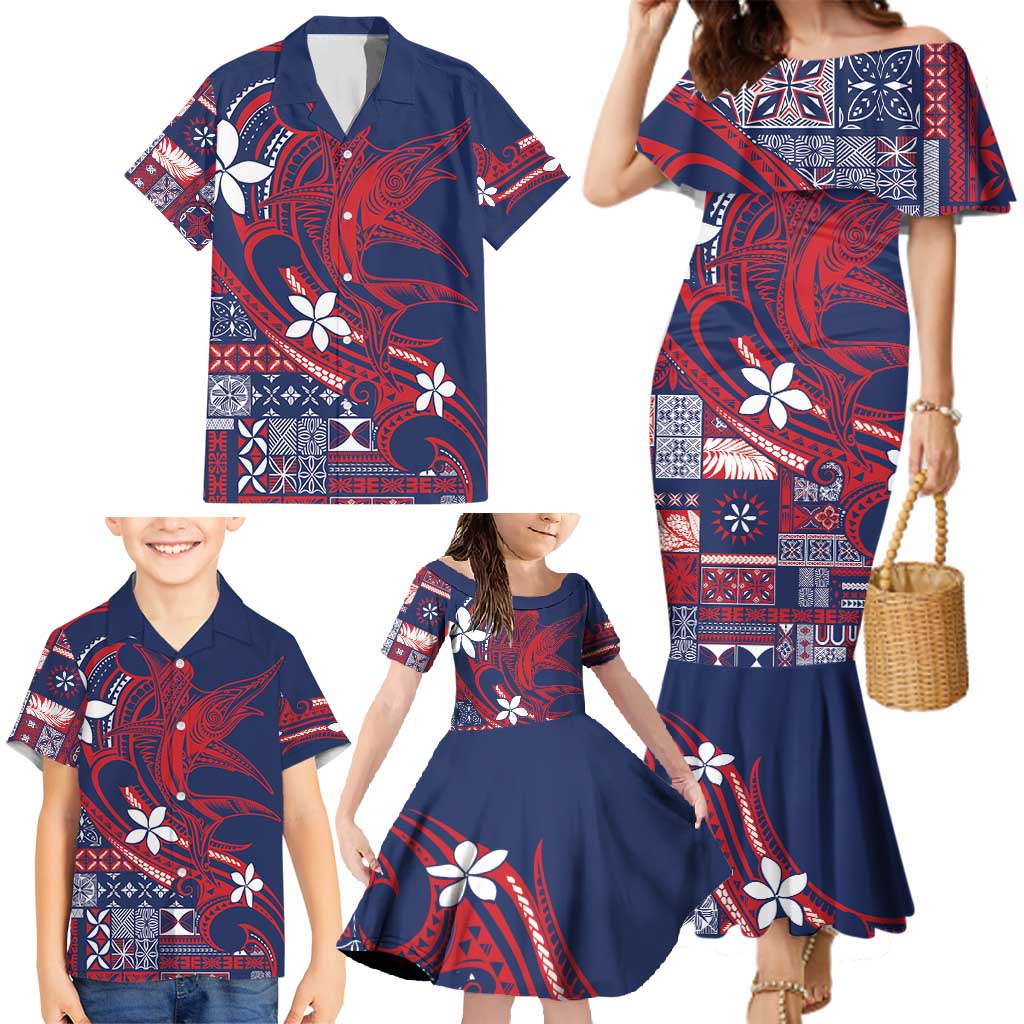 Samoa Manuia le Aso Tuto'atasi Family Matching Mermaid Dress and Hawaiian Shirt Siapo Mamanu Mix Tatau Marlin - Flag Color LT7 - Polynesian Pride