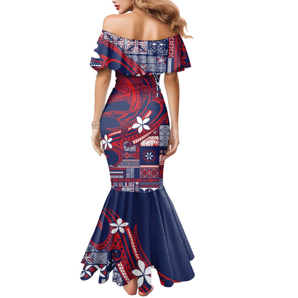 Samoa Manuia le Aso Tuto'atasi Family Matching Mermaid Dress and Hawaiian Shirt Siapo Mamanu Mix Tatau Marlin - Flag Color LT7 - Polynesian Pride